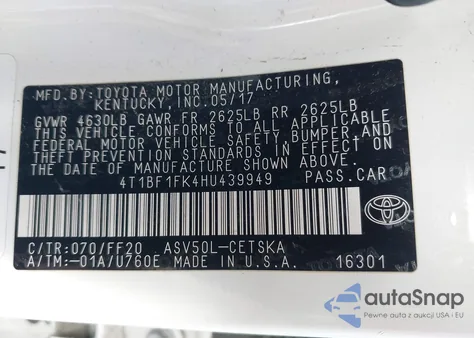 2017 Toyota Camry Se from USA, damaged, VIN 4T1BF1FK4HU439949